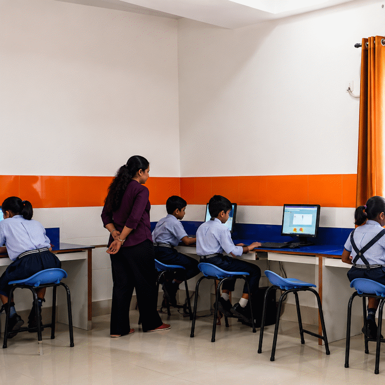 Young students working at individual computers with a teacher supervising